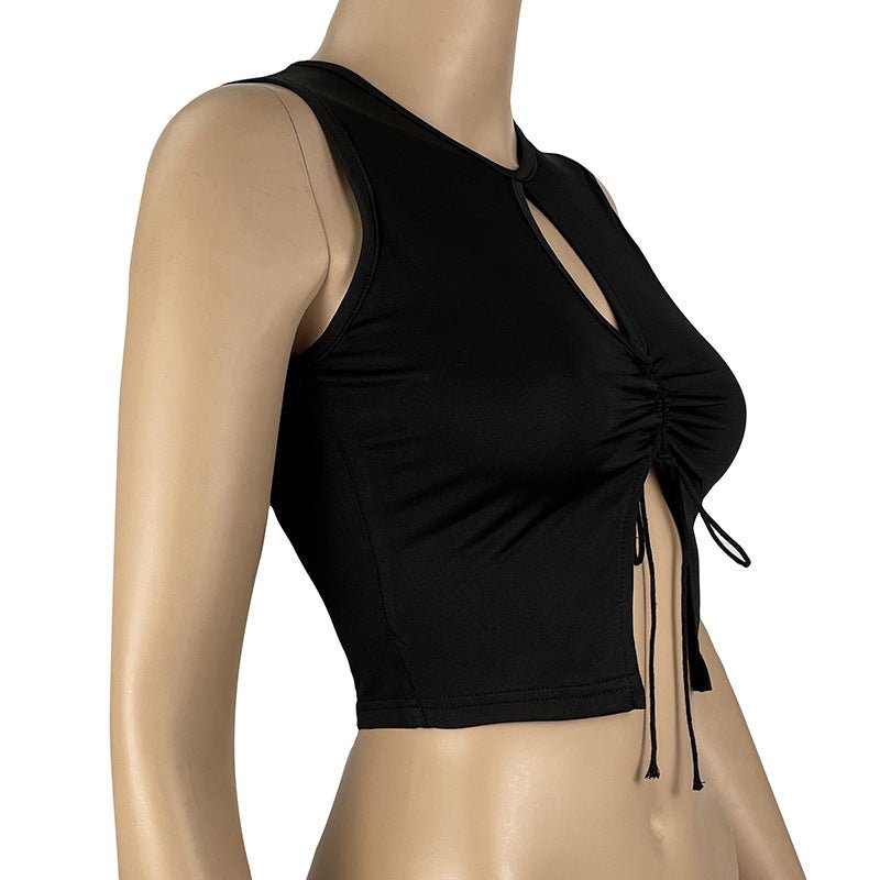 Black Sleeveless Split Keyhole Drawstring Crop Top for Women | Tops & Blouses - KOZHIKO