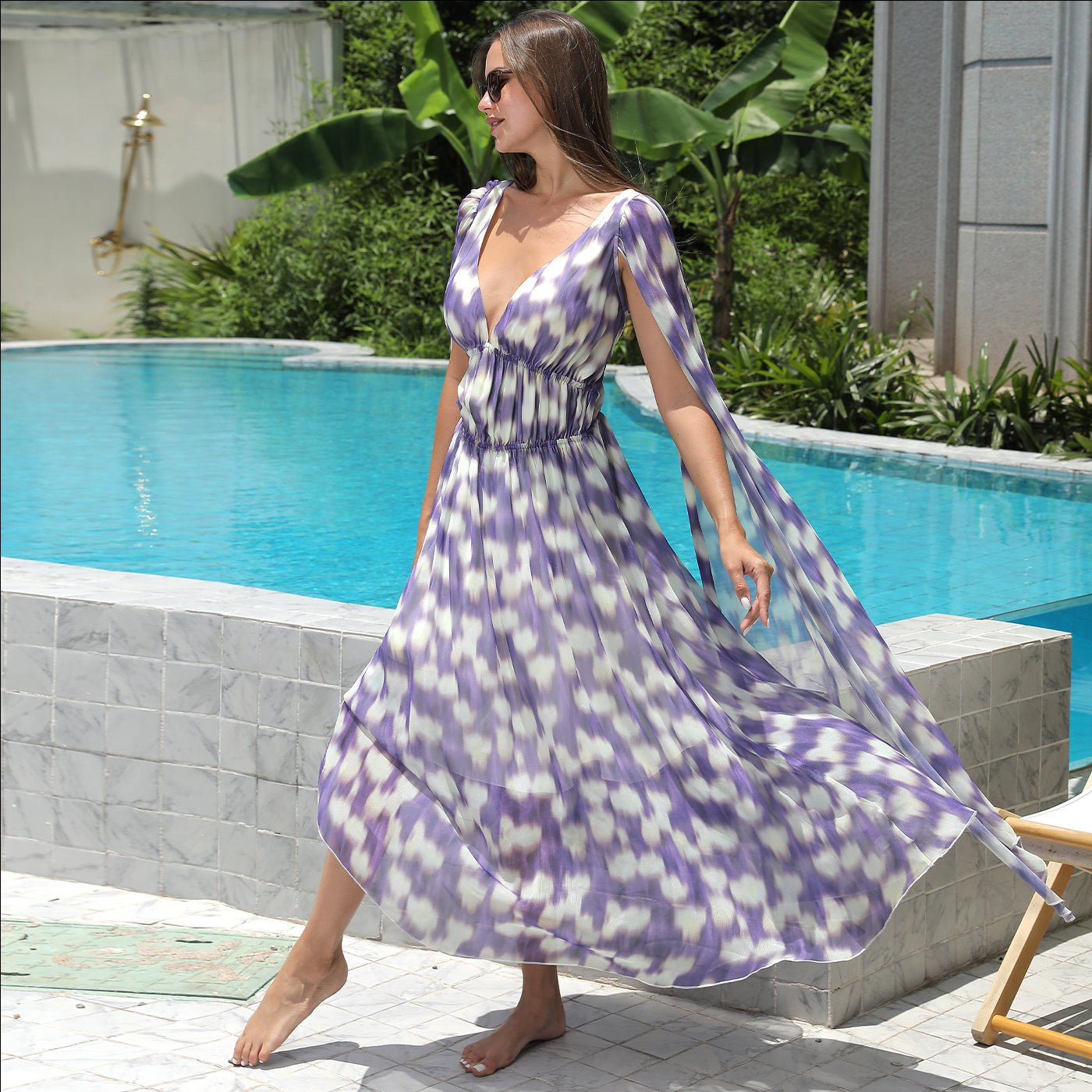 Boho Chiffon Maxi Dress for Women – Deep V - Neck, Flowing Butterfly Sleeves | Dress - KOZHIKO