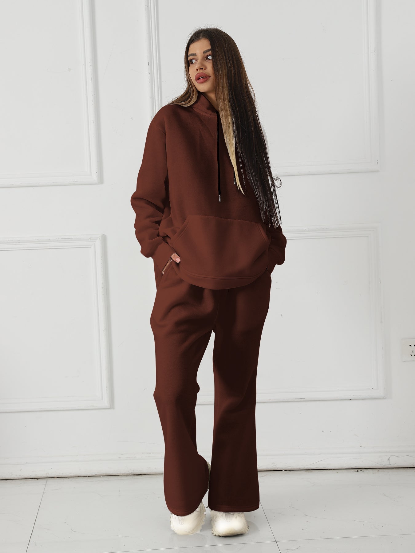 Solid Color Sweatshirt and Pants Set for Women – Casual Long Sleeve Loungewear | Outfit & Sets - KOZHIKO