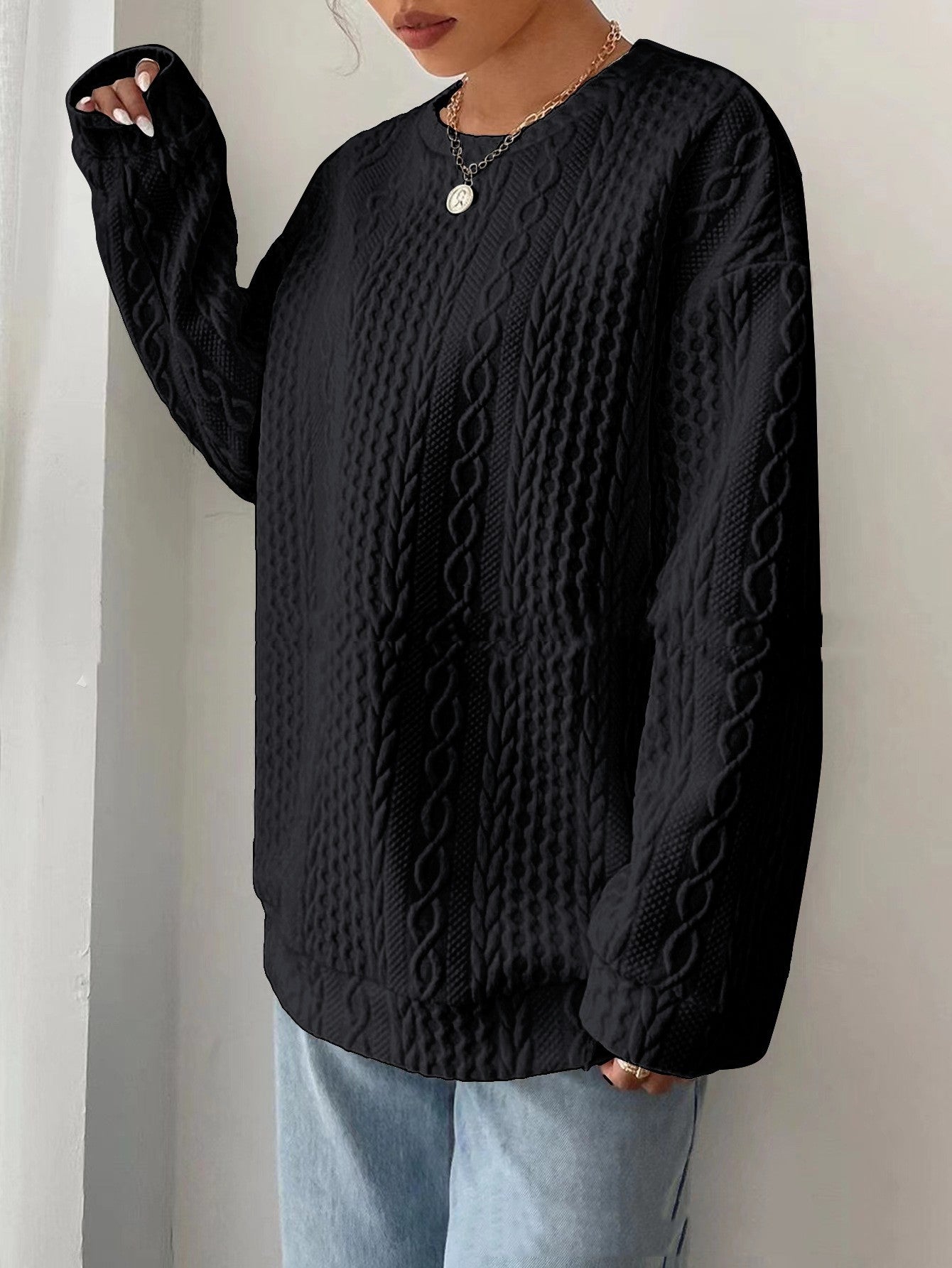 Women's Oversized Jacquard Knit Sweater – Round Neck, Long Sleeve | Outerwear & Jackets - KOZHIKO