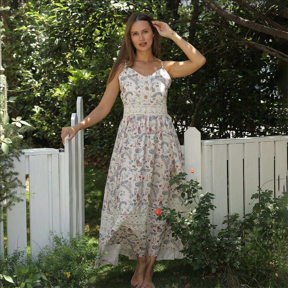 Women's Sleeveless Floral Maxi Dress with Lace Trim | Dress - KOZHIKO