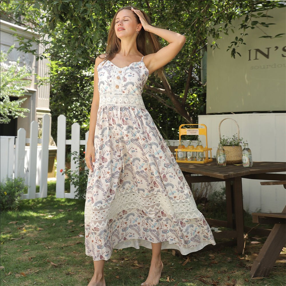 Women's Sleeveless Floral Maxi Dress with Lace Trim | Dress - KOZHIKO