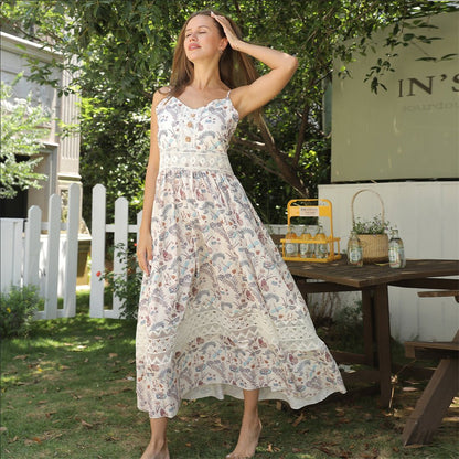 Women's Sleeveless Floral Maxi Dress with Lace Trim | Dress - KOZHIKO