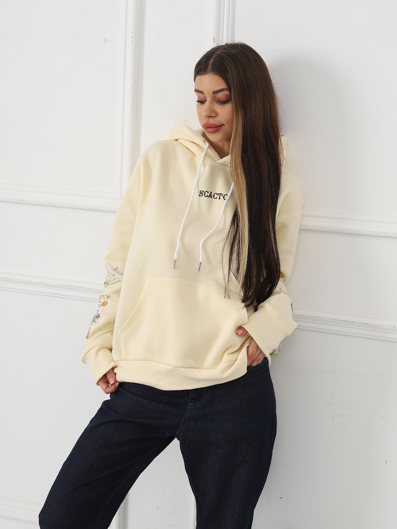 Women’s Solid Color Floral Print Hoodie | Outerwear & Jackets - KOZHIKO